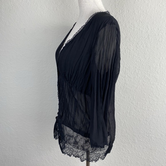Vtg M Witchy Button Up Blouse Black Lace Trim Sheer Whimsigoth Y2k Office Siren - Picture 4 of 7